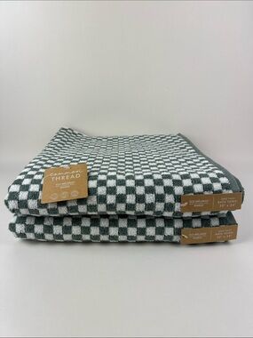 Common Thread Bamboo Eco-Mélange Bath Towels Checkerboard Green White 2 Pc NEW